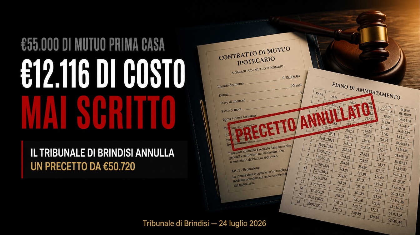 Tribunale di Brindisi: precetto da 50.720 euro annullato per 12.116 euro di costo occulto mai scritto nel contratto di mutuo
